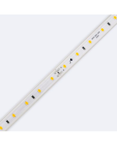 Ruban LED 220V SMD2835 60LED/m Blanc Chaud IP65 Largeur 12mm Coupe tous les 100cm