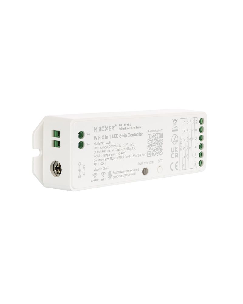 Contrôleur Variateur LED WiFi 5 en 1 pour Ruban LED 12/24V DC Monochrome/CCT/RGB/RGBW/RGBWW MiBoxer