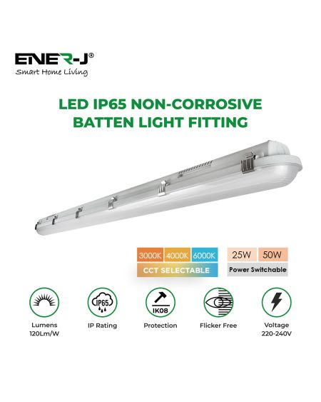 Raccord étanche non corrosif sélectionnable par puissance et CCT, 1,5 m, 25 W/50 W, 120 lm/W.