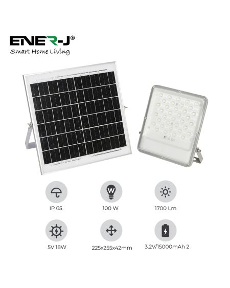 Projecteurs LED 100W avec panneaux solaires, panneau solaire 18W, batterie 15AH, 1700 lumens