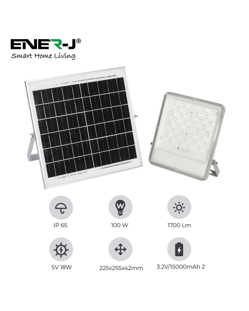 Projecteurs LED 100W avec panneaux solaires, panneau solaire 18W, batterie 15AH, 1700 lumens Projecteurs LED 100W avec panneaux solaires, panneau solaire 18W, batterie 15AH, 1700 lumens