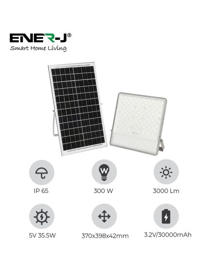Projecteurs LED 300W avec panneaux solaires, panneau solaire 35,5W, batterie 30AH, 3000 lumens
