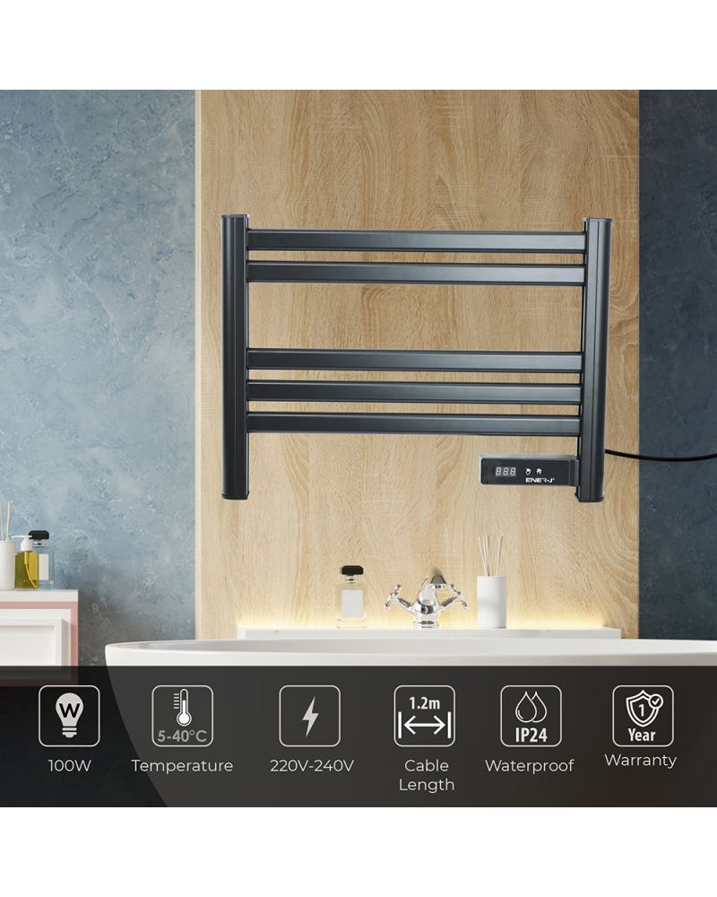 Sèche-serviettes chauffant infrarouge écran LC avec prise BS 1,2 m pour salle de bain IP24 noir Sèche-serviettes chauffant infrarouge écran LC avec prise BS 1,2 m pour salle de bain IP24 noir