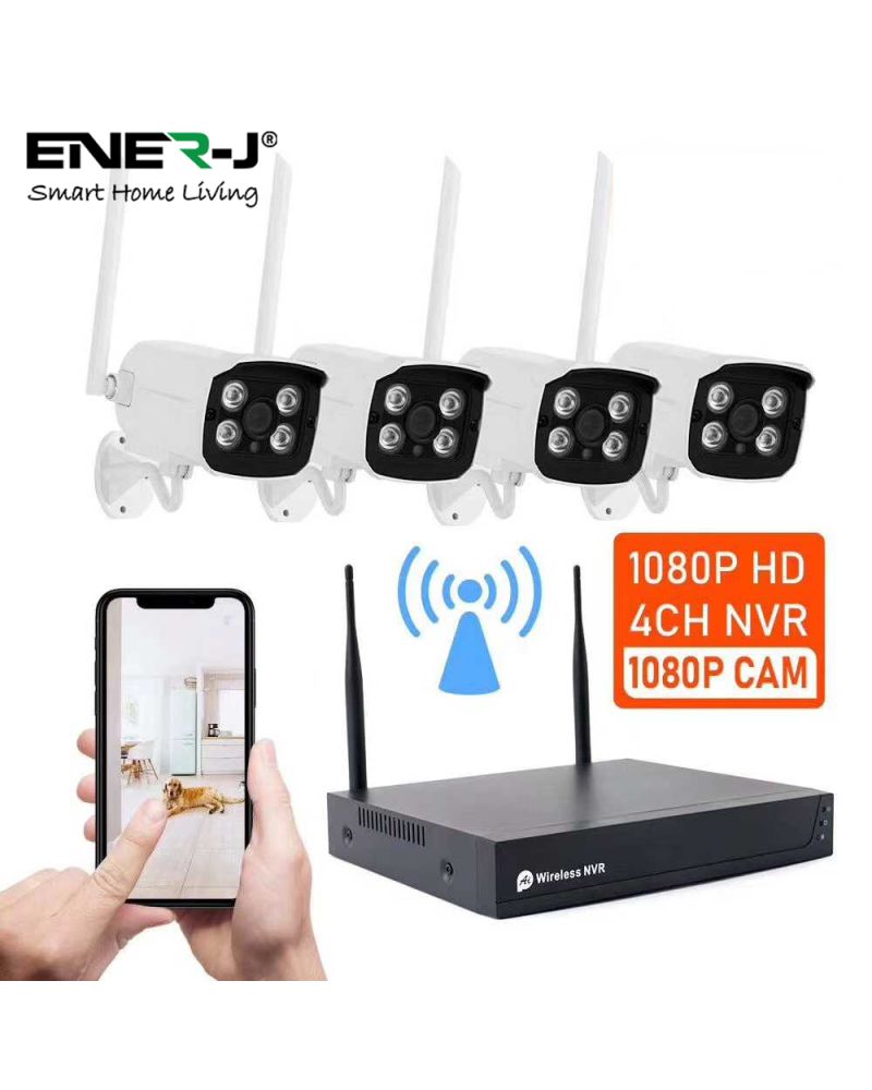 Kit WiFi NVR (NVR sans fil 8 canaux + caméra sans fil 4pc) 2.0MP-1080P, avec application ENERJSMART, prise britannique avec CE Kit WiFi NVR (NVR sans fil 8 canaux + caméra sans fil 4pc) 2.0MP-1080P, avec application ENERJSMART, prise britannique avec CE