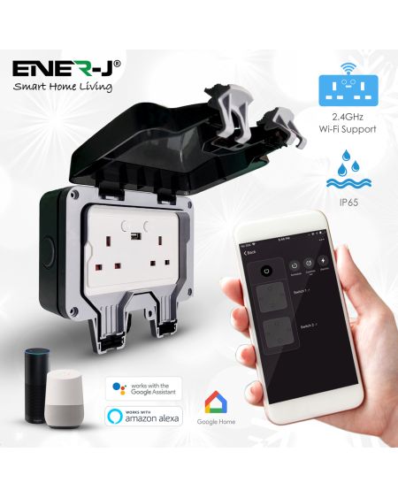Prises murales doubles 13 A intelligentes Wi-Fi résistantes aux intempéries avec 2 ports USB (IP55)