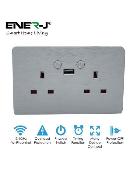 Prises murales doubles Wi-Fi intelligentes 13 A avec 1 port USB (finition argentée brossée)