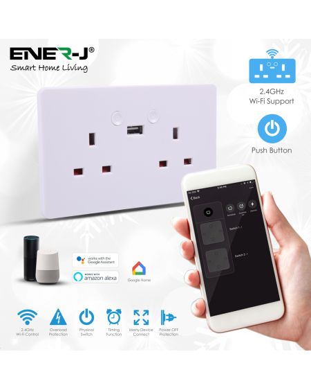 Prises murales doubles Wi-Fi intelligentes 13 A avec port USB unique. Bouton poussoir