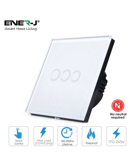 Commutateur tactile Wi-Fi Smart 3 gangs, connexion en direct uniquement (avec mini adaptateur), ENERSMART