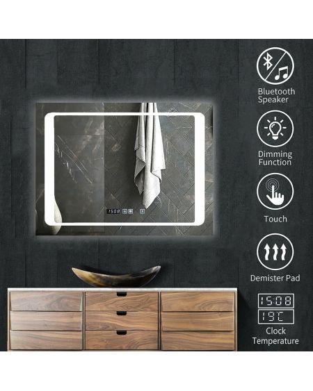 Miroir LED avec haut-parleur Bluetooth, rectangulaire, taille : 60x80 cm