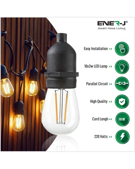 Kit de guirlande lumineuse à ampoule à filament LED 10,2 mètres (avec lampes LED à filament 10x2W)