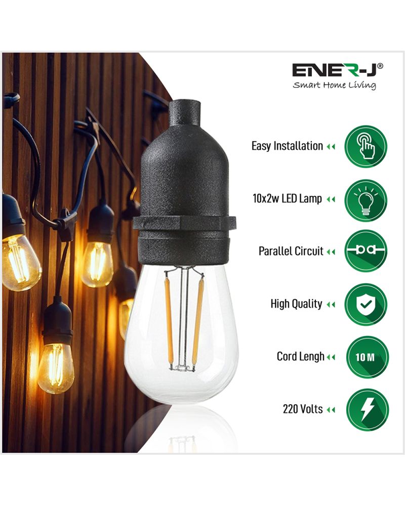 Kit de guirlande lumineuse à ampoule à filament LED 10,2 mètres (avec lampes LED à filament 10x2W) Kit de guirlande lumineuse à ampoule à filament LED 10,2 mètres (avec lampes LED à filament 10x2W)