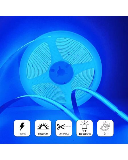 Bandes lumineuses LED COB 24 V avec 320 LED/M, 10 W/M, 800 lm/M, CRI 90-92, couleur bleue