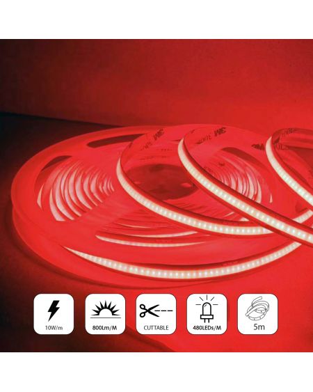 Bandes lumineuses LED COB 24 V avec 320 LED/M, 10 W/M, 800 lm/M, CRI 90-92, couleur rouge