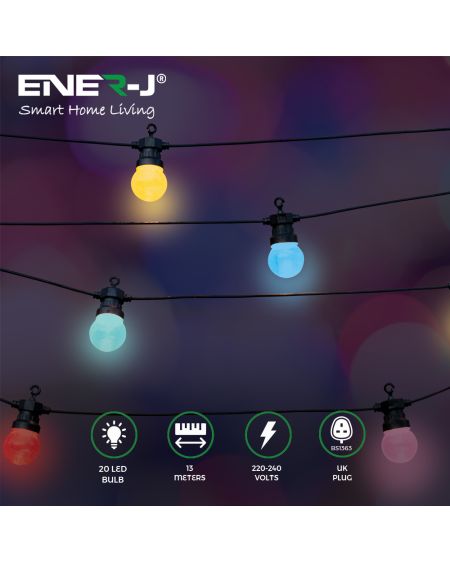 Kit de guirlande lumineuse RVB de 13 mètres, 5 V 5 W (20 ampoules RVB + télécommande IR + adaptateur britannique)