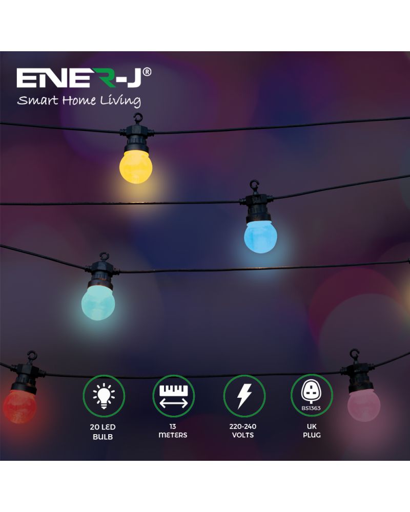 Kit de guirlande lumineuse RVB de 13 mètres, 5 V 5 W (20 ampoules RVB + télécommande IR + adaptateur britannique) Kit de guirlande lumineuse RVB de 13 mètres, 5 V 5 W (20 ampoules RVB + télécommande IR + adaptateur britannique)