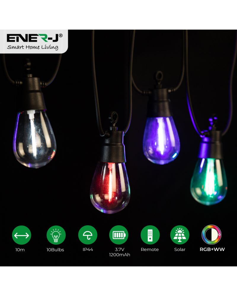Guirlande Lumineuse Solaire RVB+WW (2 Voies) avec Télécommande, 10 Mètres, 10 Lampes, IP44 Guirlande Lumineuse Solaire RVB+WW (2 Voies) avec Télécommande, 10 Mètres, 10 Lampes, IP44