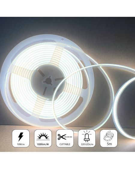 Bandes lumineuses LED COB 24 V avec 320 LED/M, 12 W/M, 1020 lm/M, CRI 90-92, 6 500 K, IP65.