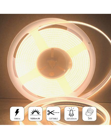Bandes lumineuses LED COB 24 V avec 320 LED/M, 12 W/M, 1000 lm/M, CRI 90-92, 4000 K, IP65.