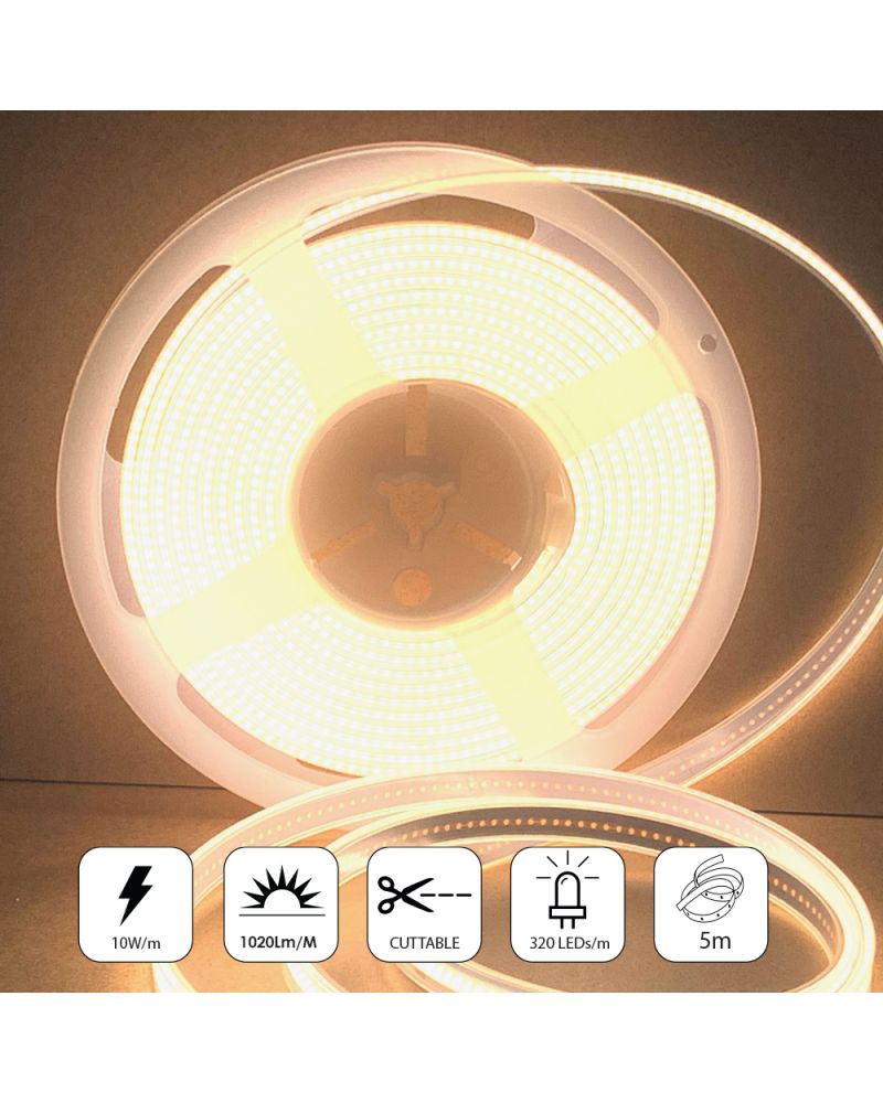 Bandes lumineuses LED COB 24 V avec 320 LED/M, 12 W/M, 1000 lm/M, CRI 90-92, 4000 K, IP65. Bandes lumineuses LED COB 24 V avec 320 LED/M, 12 W/M, 1000 lm/M, CRI 90-92, 4000 K, IP65.