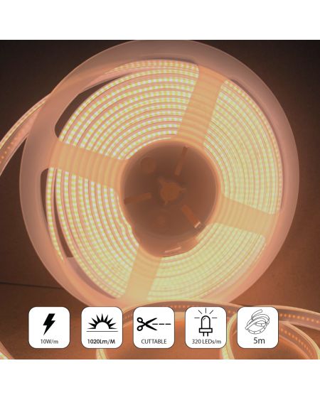 Bandes lumineuses LED COB 24 V avec 320 LED/M, 12 W/M, 960 lm/M, CRI 90-92, 3000 K, IP65.