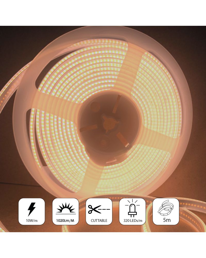 Bandes lumineuses LED COB 24 V avec 320 LED/M, 12 W/M, 960 lm/M, CRI 90-92, 3000 K, IP65. Bandes lumineuses LED COB 24 V avec 320 LED/M, 12 W/M, 960 lm/M, CRI 90-92, 3000 K, IP65.