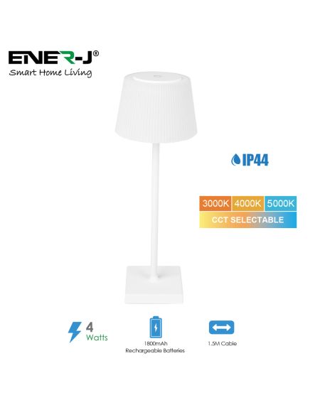 Lampe de table 4W (boîtier blanc), 5V avec piles rechargeables 1800mAh, CCT et gradation, câble 1,5M, IP44