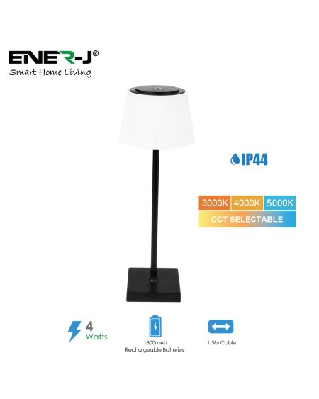 Lampe de table 4W (boîtier noir), 5V avec piles rechargeables 1800mAh, CCT et gradation, câble 1,5M, IP44